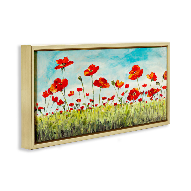 Champ de coquelicots rouge vif, Cadre flottant métallique doré, H 14 po x l 31 po