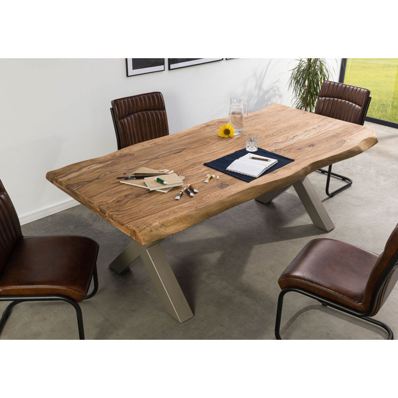 Solid Wood Top Metal Base Dining Table, 77 cm H x 180 cm L x 90 cm D, Nature, Silver