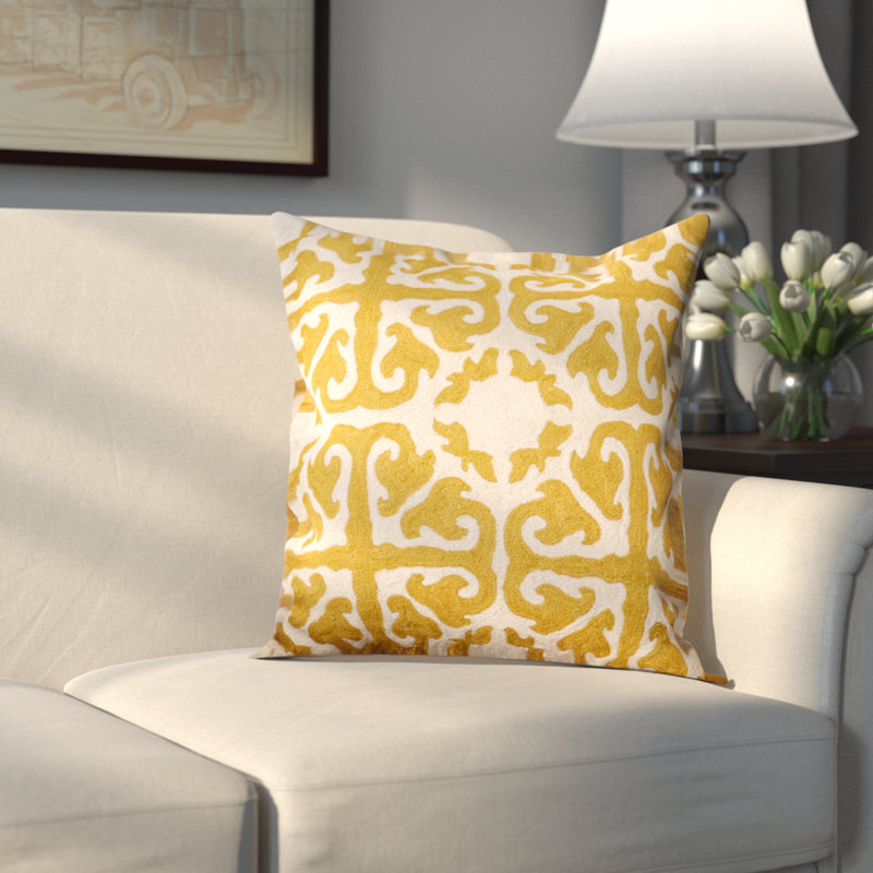 Embroidered Canvas Reversible Throw Pillow, 18" x 18", Mustard