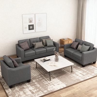 3-Piece Living Room Sofa Set with Tufted Back, Upholstered Couch, Loveseat and Armchair, Modern Fabric Furniture Set with Nailhead Trim by Lark Manor