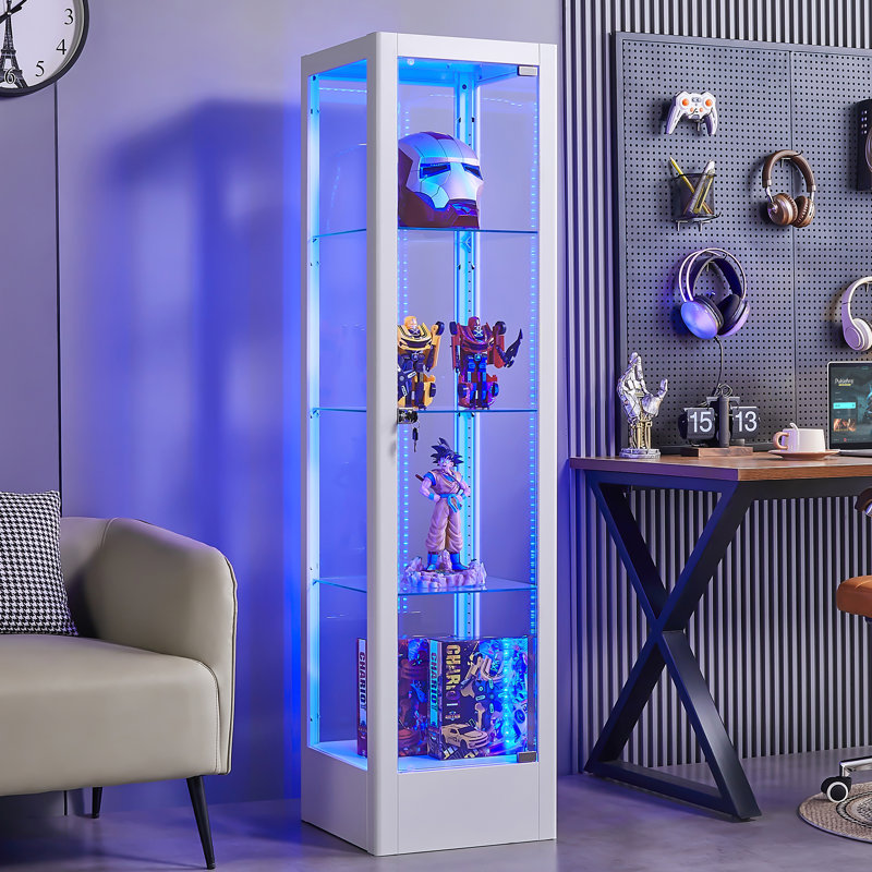 Vitrine en métal 63 "avec tablettes réglables et lumières, armoire de rangement verrouillable, Blanc