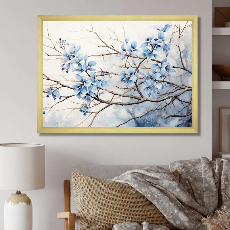 Art sur toile, feuilles bleues et grises, H 30 po x l 40 po x P 1,5 po, Cadre doré simple