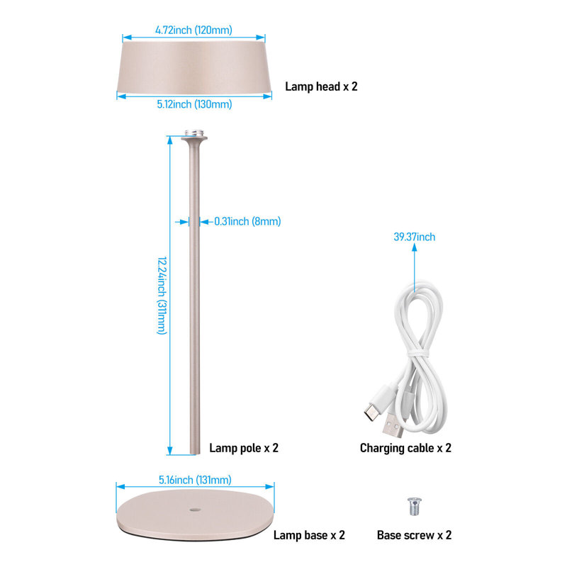 Lampe de table à DEL sans fil rechargeable, IP54, à commande tactile, à intensité variable, blanc doux 2700K, Beige
