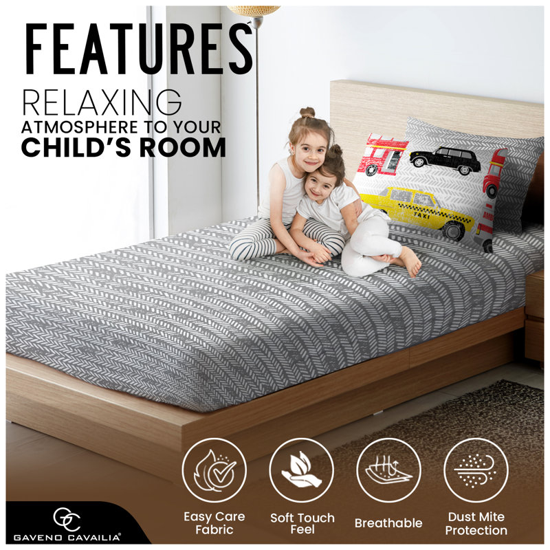 Kids Transport Theme Fitted Sheet Set Polycotton Bedding with Pillowcases Elasticated Edges Secure Fit Soft Comfortable Easy Care