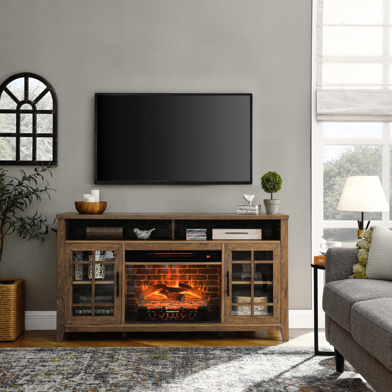 55" Tv Stand With Electric Fireplace. Reclaimed Style. 5000 'S Heat. Overheat Cut-Off. Realistic Flame Display. Convenient Touch Button Fireplace Media Stand, 55". Finish. 1500W Heating. Save On