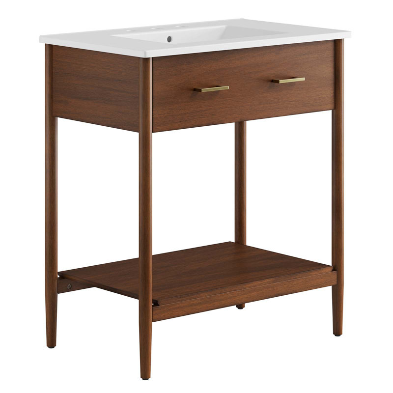 Modway Zaire 30'' Single Bathroom Vanity with Ceramic Top, Walnut, White