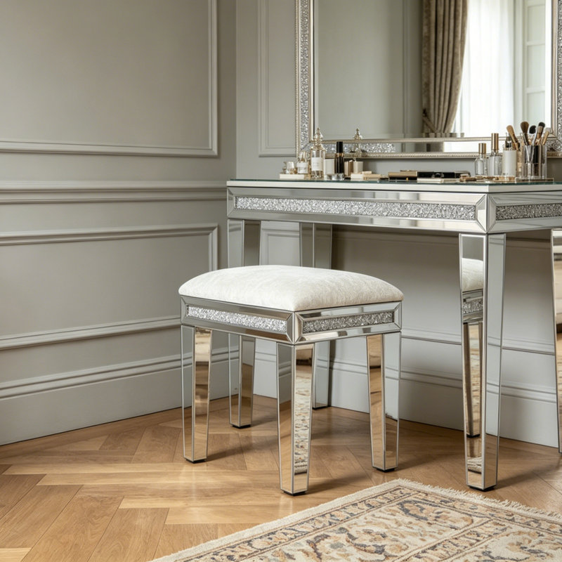 Mikayil Glass Mirrored Accent Stool Diamonds Vanity Stool, Pearl White