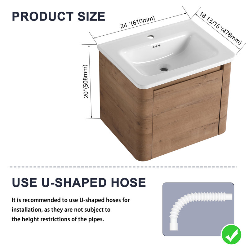 Meuble-lavabo mural avec lavabo en céramique blanche et 1 porte à fermeture en douceur, 24"