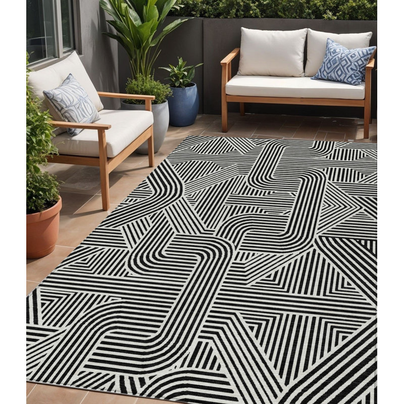 Tapis extérieur lavable abstrait noir et ivoire 5 pi x 8 pi