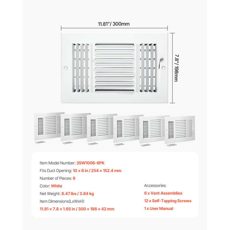 Grilles de ventilation au sol 6 x 10 pouces, lot de 6, en fer, pour murs et plafonds de maison/bureau, antirouille et antiécaillage, avec déflecteur réglable et clapet anti-retour en métal, blanches.