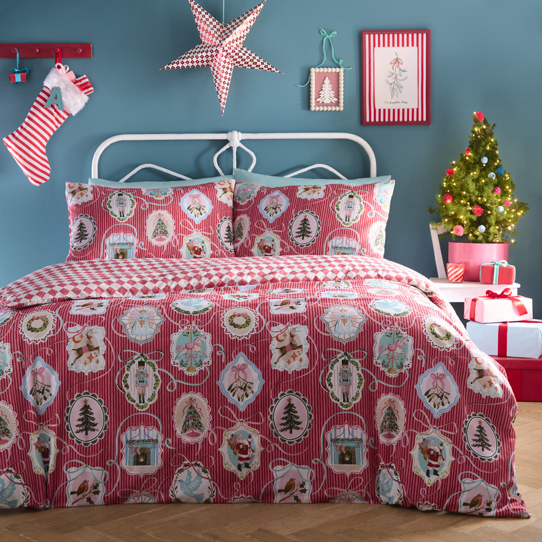 Fusion Christmas Vintage Frames Cotton Blend Striped Duvet Cover Set with Pillowcases