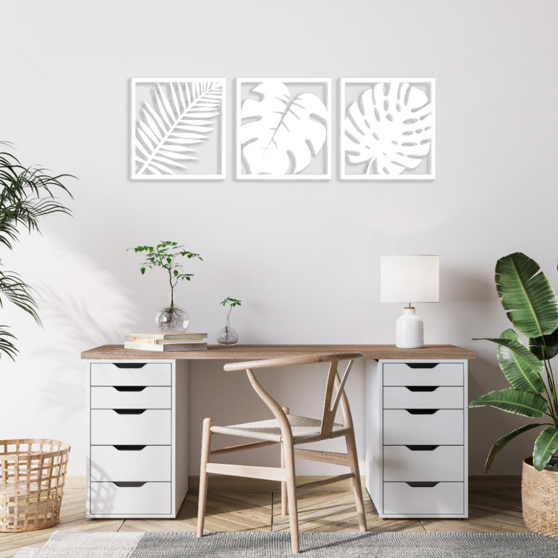 Ensemble de 3 décorations murales feuille, H 12 po x l 12 po x P 0,12 po, Blanc