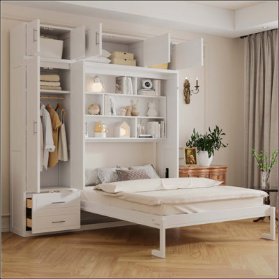 Lit escamotable mural avec armoire supérieure, tablettes et garde-robe, lit pliable peu encombrant