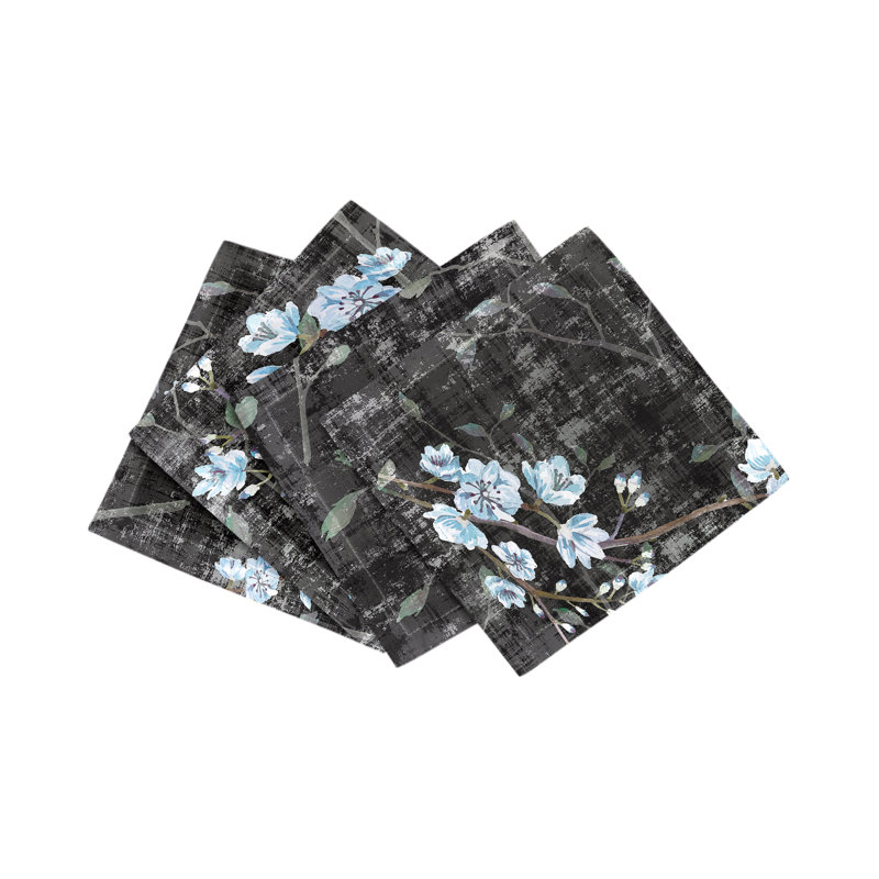 Blossom Fantasia Cotton Sateen Cocktail Napkins, Black/Blue