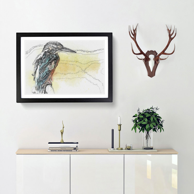 Blue Kingfisher in Abstract - Picture Frame Drawing Print, 27cm H x 36cm W x 2cm D, Black Framed