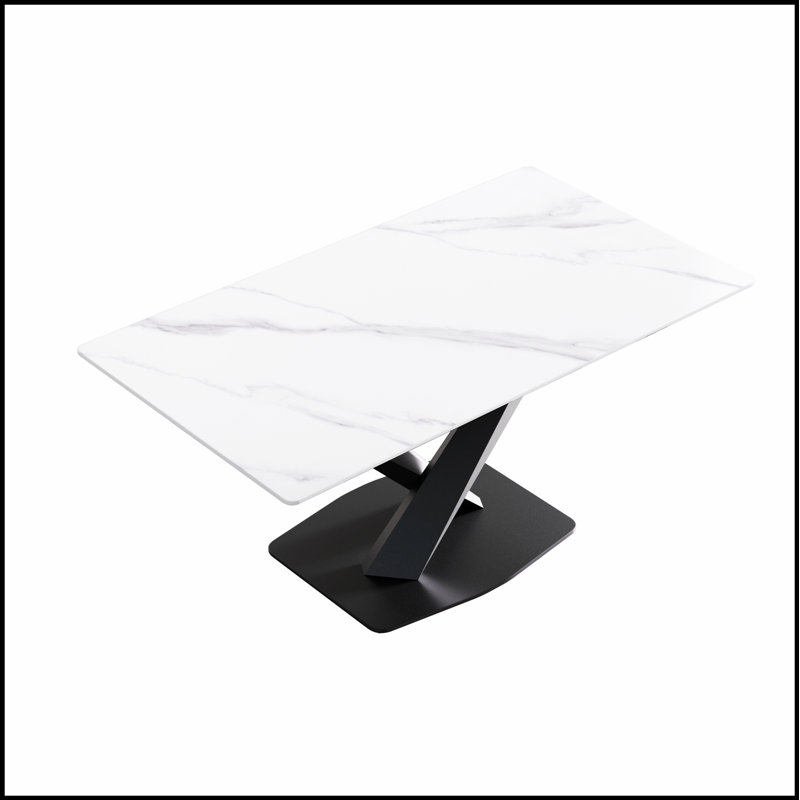 Table de salle à manger moderne en pierre artificielle blanche 63 pouces avec pieds en X noirs pour six personnes