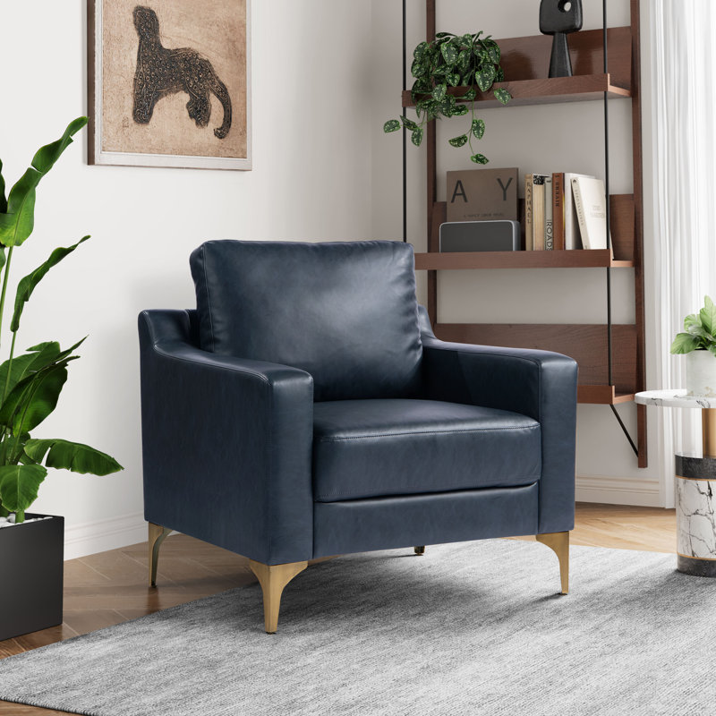Fauteuil à accoudoirs carrés 33,5 po Turner, Similicuir bleu marine / bronze brossé