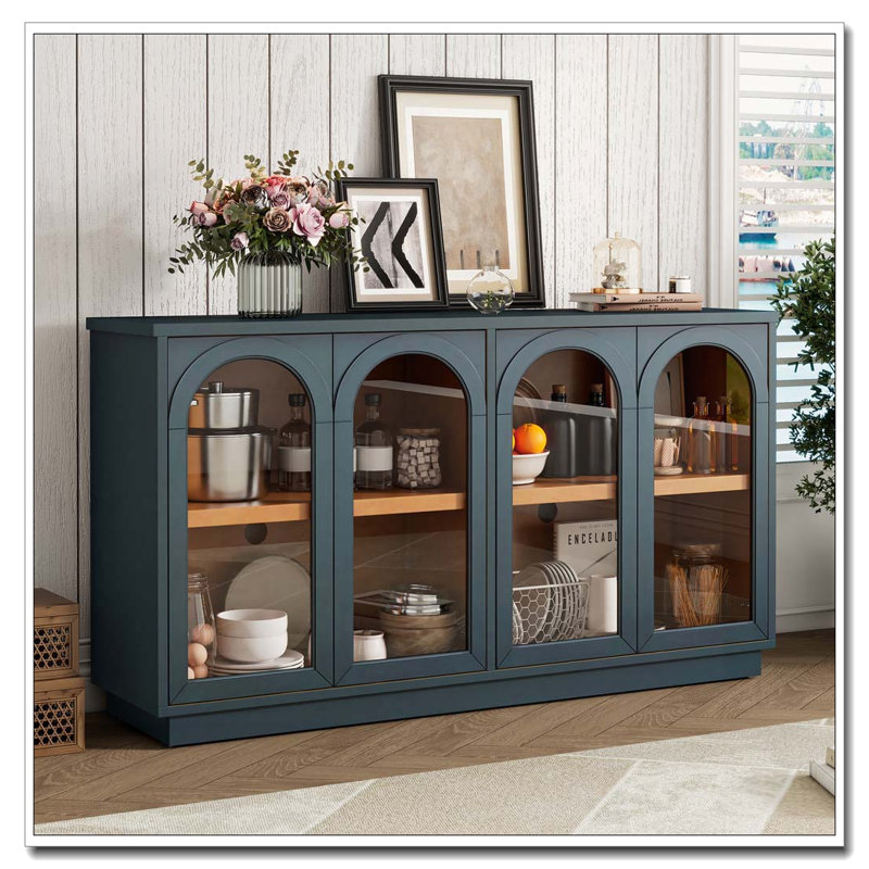 Buffet en verre arqué avec tablettes réglables, Marine