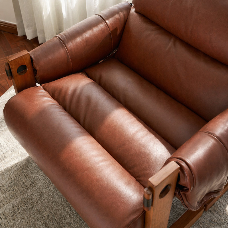 Mid-Century Modern Leather Lounge Chair, Retro Faux Leather Armchair with Solid Wood Frame, Ergonomic Sling Accent Chair for Living Room, Bedroom & Office, Brown, 95cm