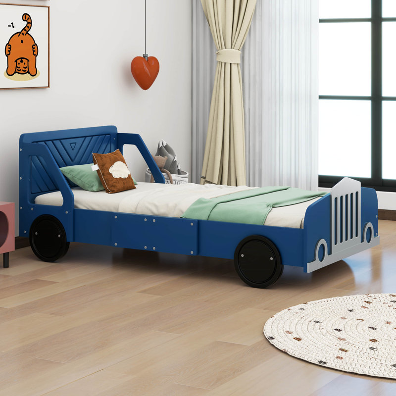 Lit plateforme simple en forme de voiture avec roues Skylon, Bleu