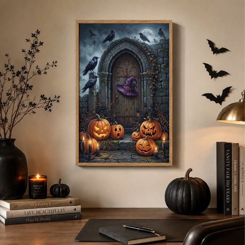 Impression sur toile porte gothique avec chapeau de sorcière mauve et citrouille allumée, H 36 po x l 24 po
