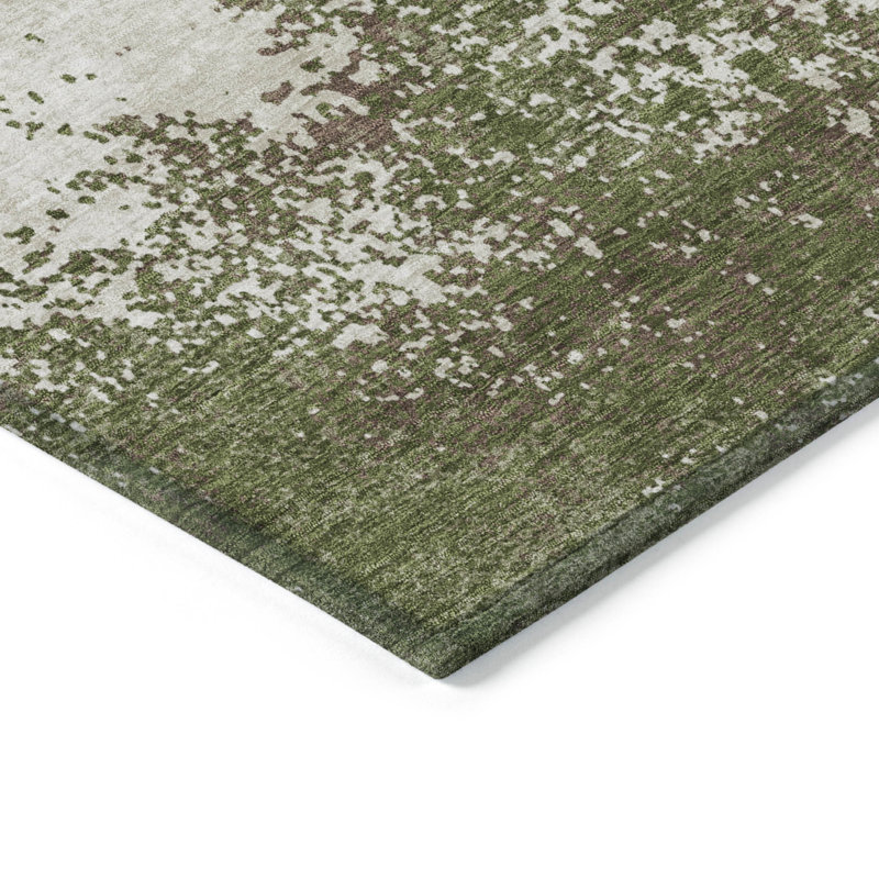 Olive and Off-White Rectangular Washable Synthetic Rug