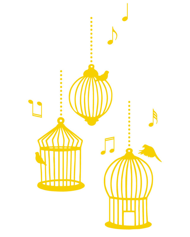 Décalcomanie murale cages d’oiseaux de chanson, H 56 po x l 33 po x P 0,01 po, Jaune clair