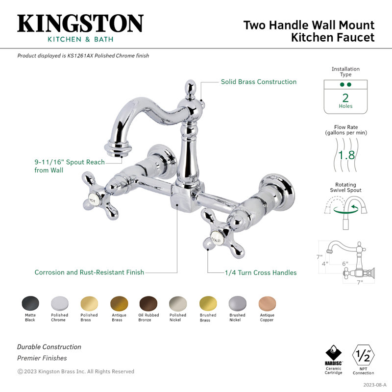Kingston Brass Heritage Double-Handle 2-Hole Wall-Mount Bridge Kitchen Faucet, Oil Rubbed Bronze