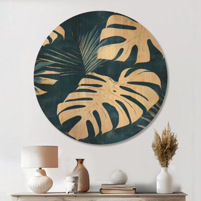 Feuilles tropicales en bleu prussien II - art mural rond en bois bord de mer