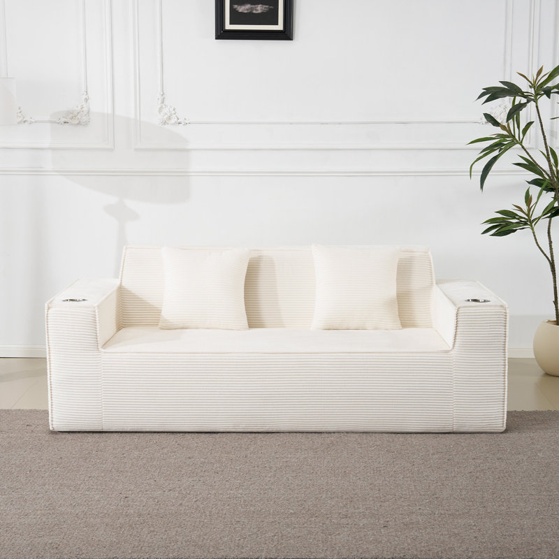 76" Chenille Square Arm Loveseat Sofa, 2 Seater Small Sofa Couch With Cup Holders, White