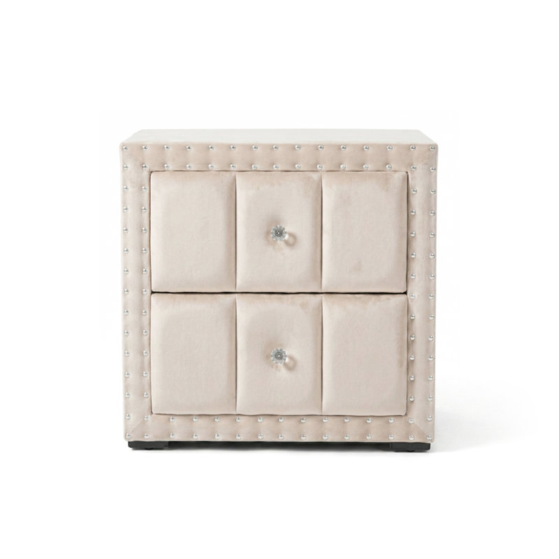 Gianni 2-Drawer Velvet Nightstand, Beige