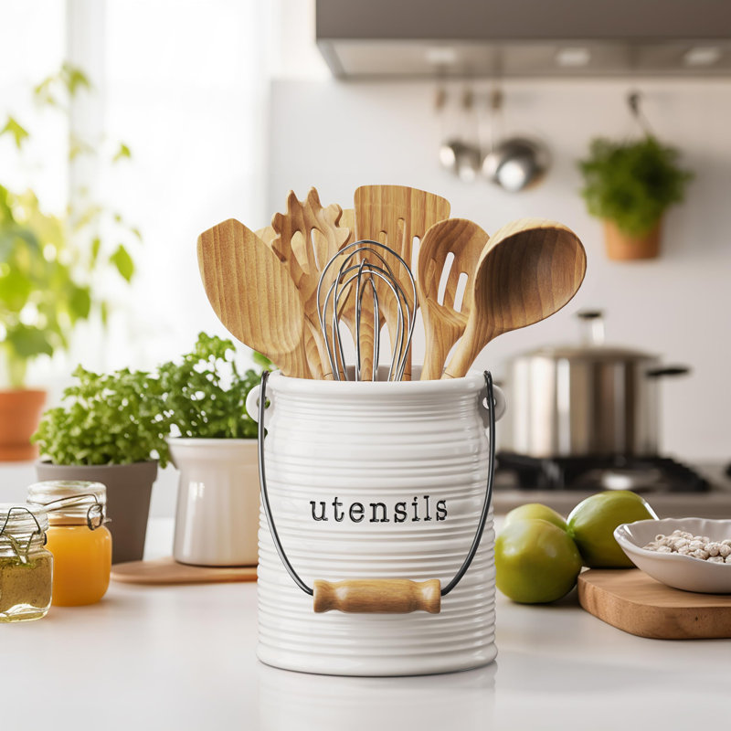 Porte-ustensiles de cuisine en céramique Farmhouse, pot décoratif rustique, organisateur de comptoir (blanc)