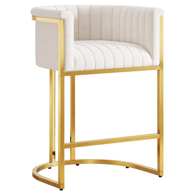 Upholstered  Counter Height Bar Stool With Backrest,Off White Fabric and Golden Metal