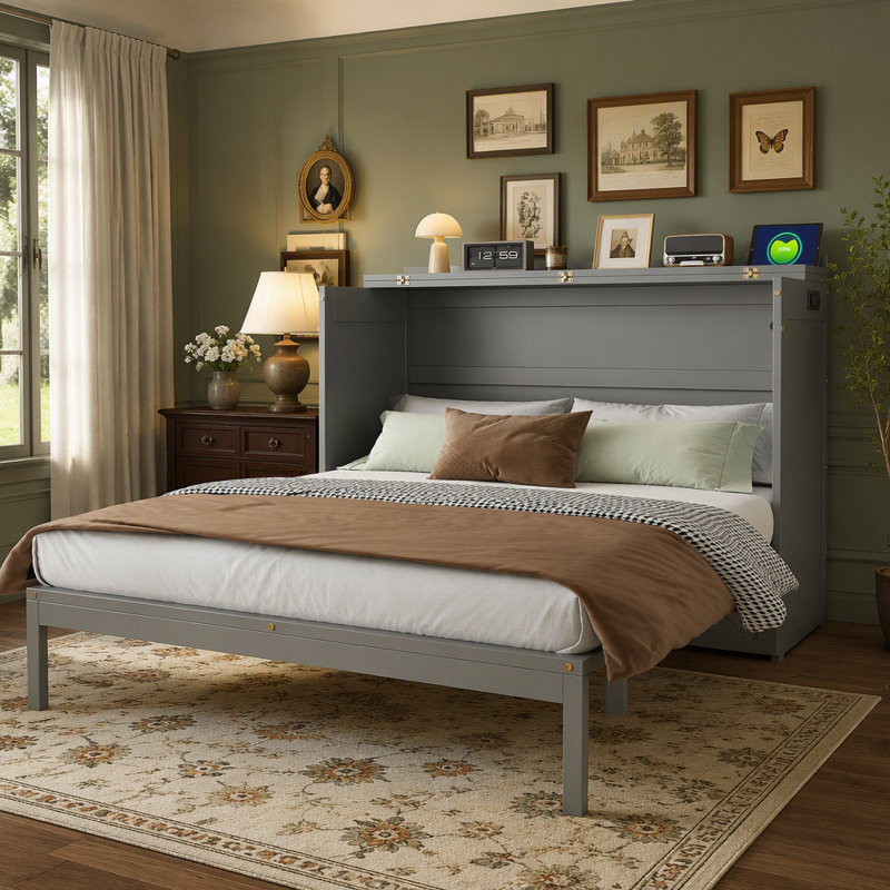 Lit escamotable mural Murphy avec tiroir et ensemble de prises, ports USB, Gris