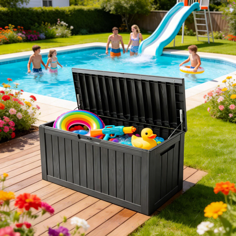 Boîte de rangement pour terrasse 80 gallons, boîte de rangement en résine résistante aux intempéries pour coussins de patio, outils de jardin et accessoires de piscine
