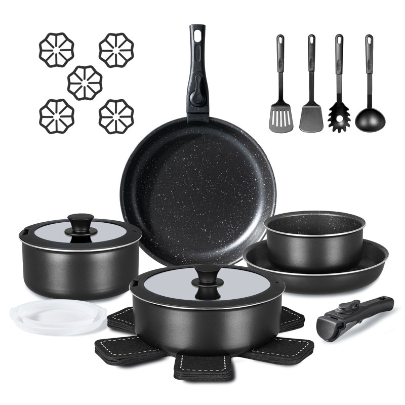 24-Piece Nonstick Cookware Set Removable Handles, Stackable, RV Cookware Sets,Black