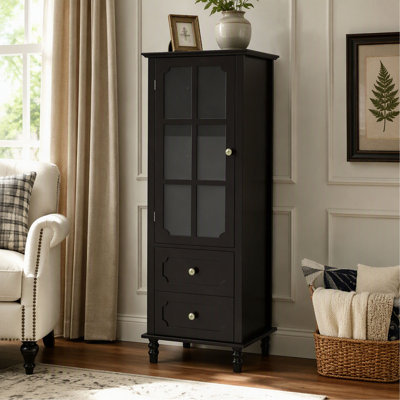 Black Tall Storage Cabinet with Glass Door and 2 Drawers, Narrow Sideboard Buffet for Dining Room and Bathroom