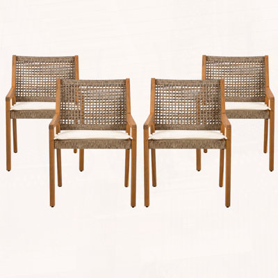 Outdoor Dining Chair Set of 2 with Acacia Wood, Wicker, and Cream Cushion