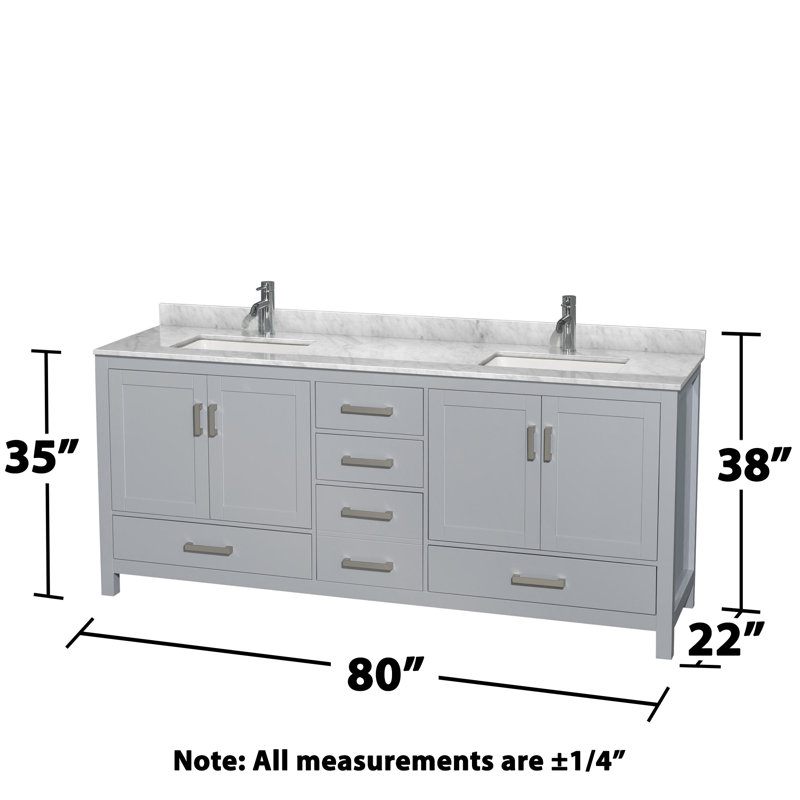 Sheffield 80" Freestanding Double Bathroom Vanity with Marble Top with 24" Mirrors, Gray, Brushed Chrome