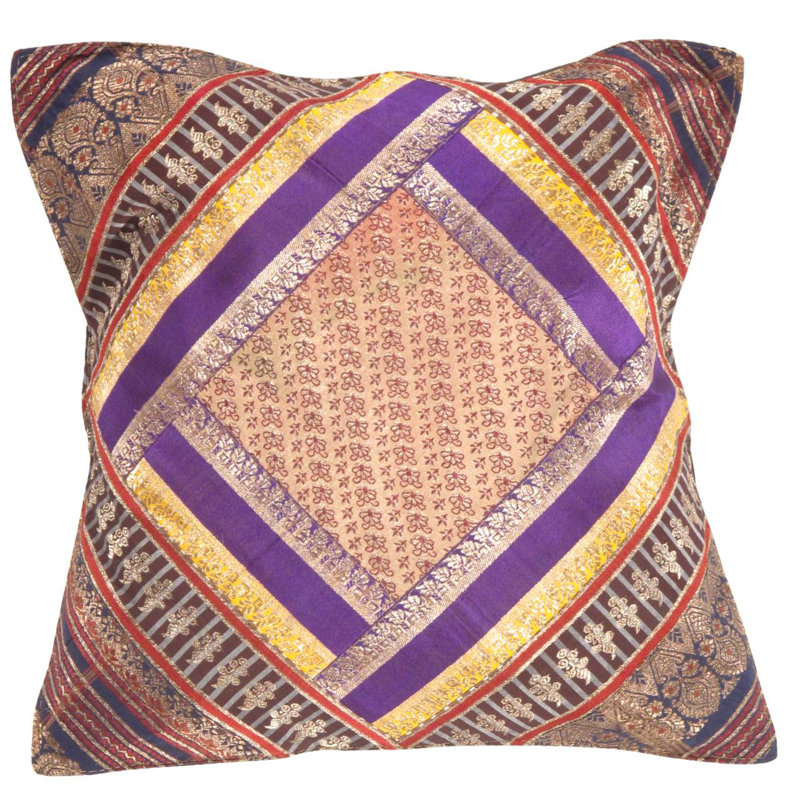 Taie d'oreiller carrée en soie rétro 16 "Sari, Beige / mauve