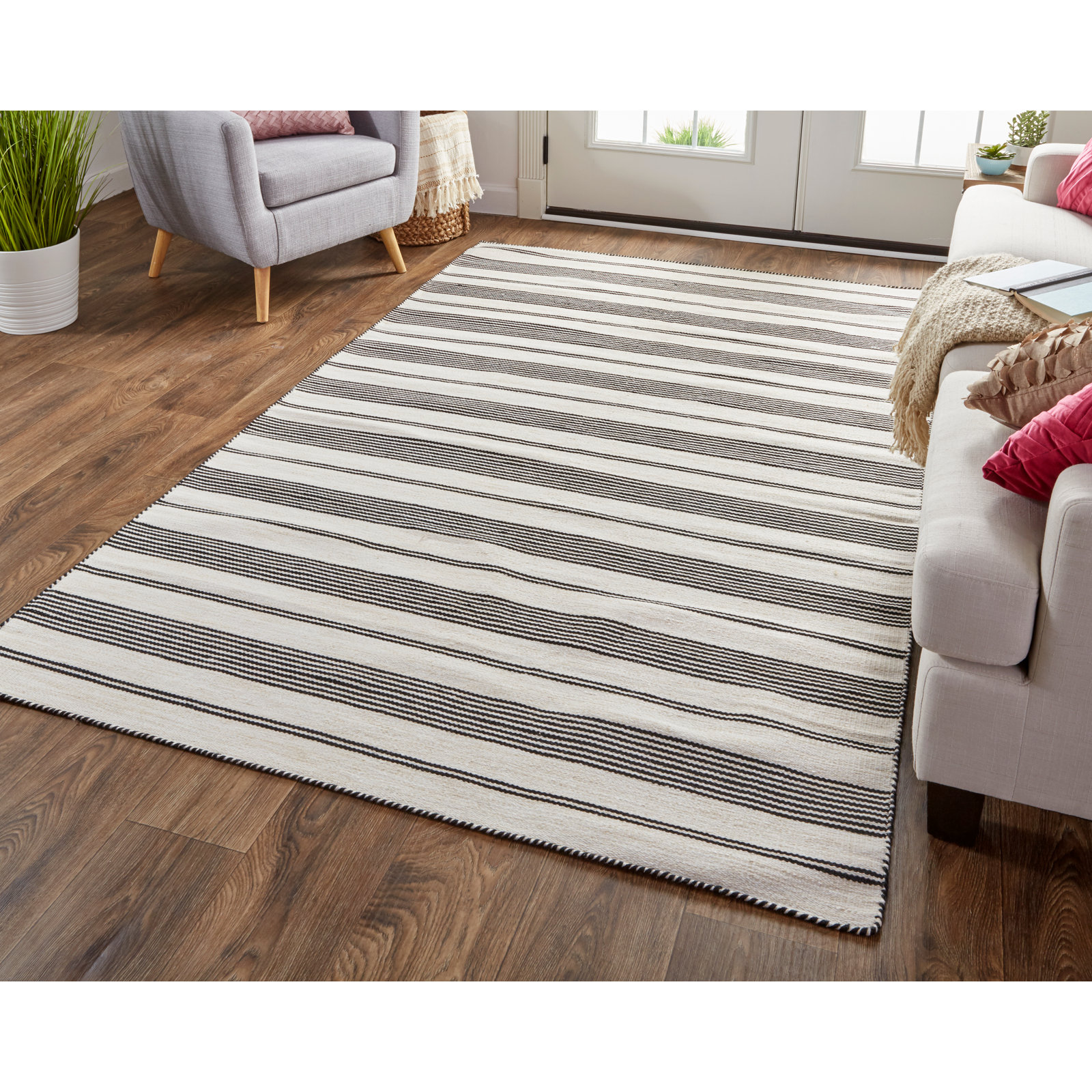 Perci Black Hand-Woven Striped Rug, Rectangle 8' x 11'