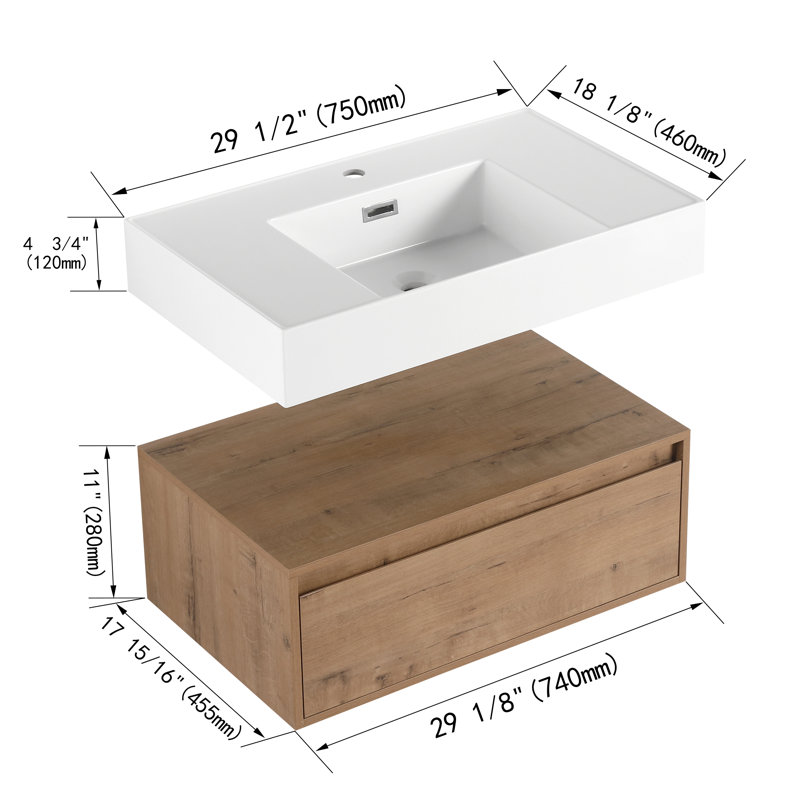 30 " Single Wall-Mounted Bathroom Vanity with Resin Sink, Soft Close Drawer, Float Mounting Design