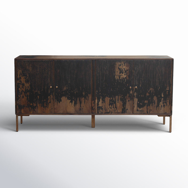 Black and Brown Solid Mango Wood Sideboard with Gold Hardware