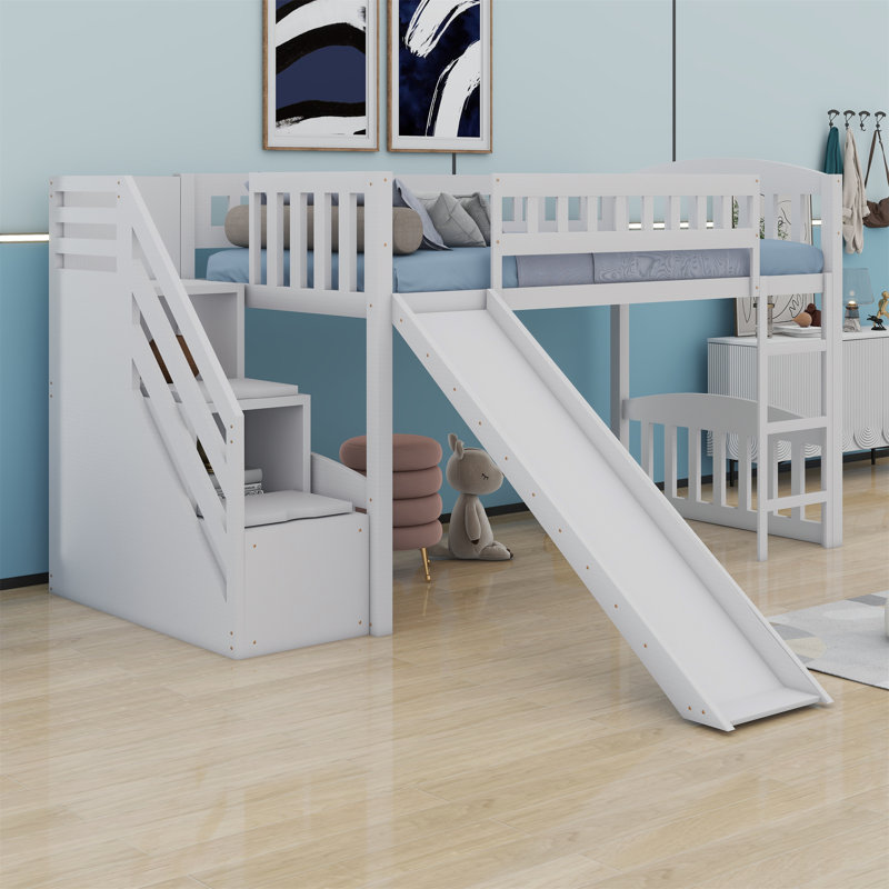 Loft Bed With Storage Stairs And Slide, White