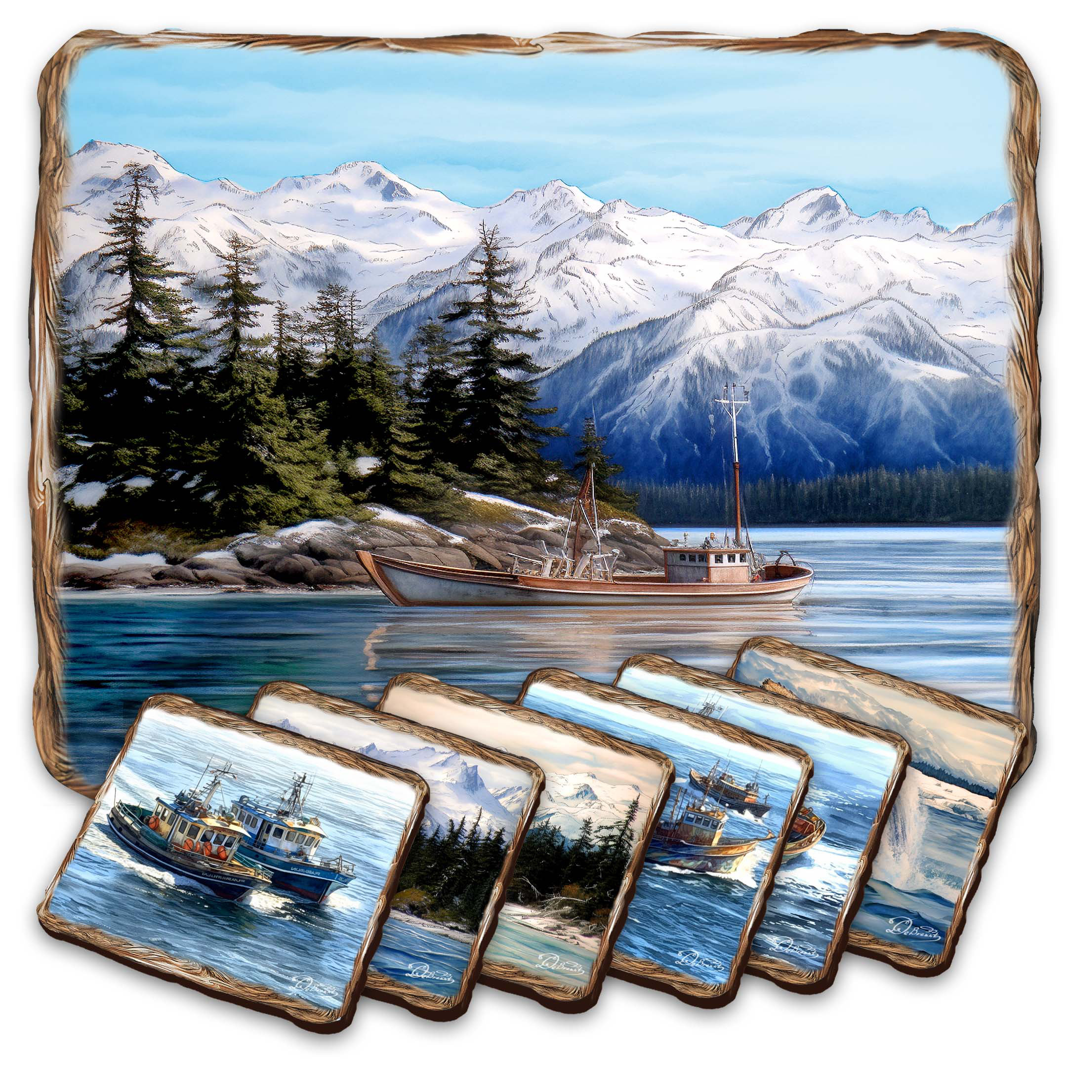 Longshore Tides Fishing Boat Wooden Cork Placemat and Coasters Gift Set