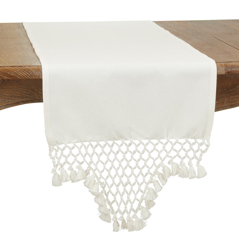 White Cotton Braided Tassel Table Runner 16 x 72 in