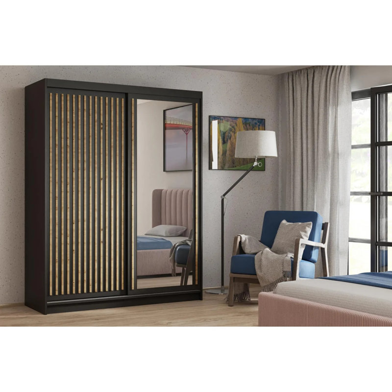 Ramik 2 Door Sliding Wardrobe, 205cm H x 100cm W x 88cm D, Black