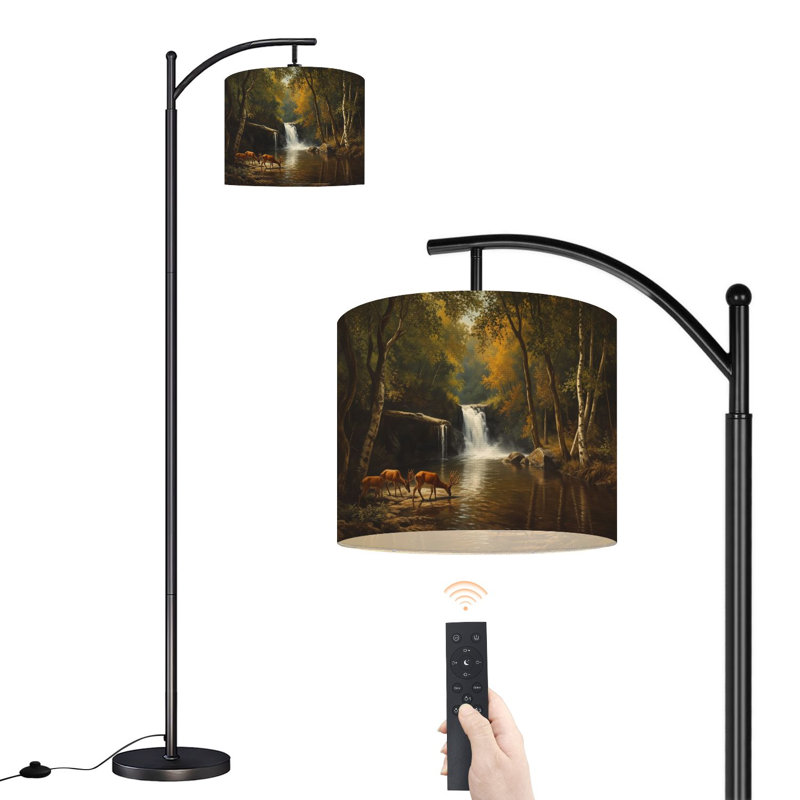 Arc Floor Lamp Deer Drinking by Tranquil Waterfall Autumn Forest Floor Lamps with Remote LED Lights Adjustable Lamp Shades Tall Standing Lamps for Reading Office Living Room