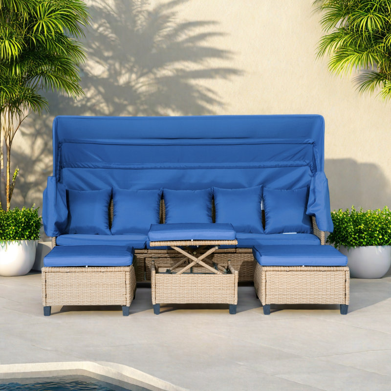 4 Pieces Uv-proof Resin Wicker Patio Sofa Set Included A 4-seat Sofa, 2 Ottomans, A Lifting Table, Retractable Canopy, Cushions And Adjustable Backrest