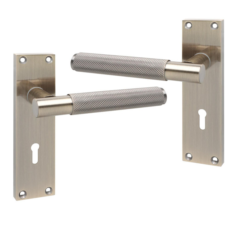 Golden Grace Victorian T-Bar Knurled Lock Door Handle Set Antique Brushed Brass Finish with 2.5" 3 Lever Lock - 150mm